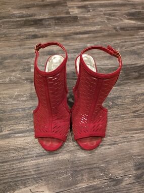 Material Girl Red Laser-Cut Peep Toe Ankle Strap Heels